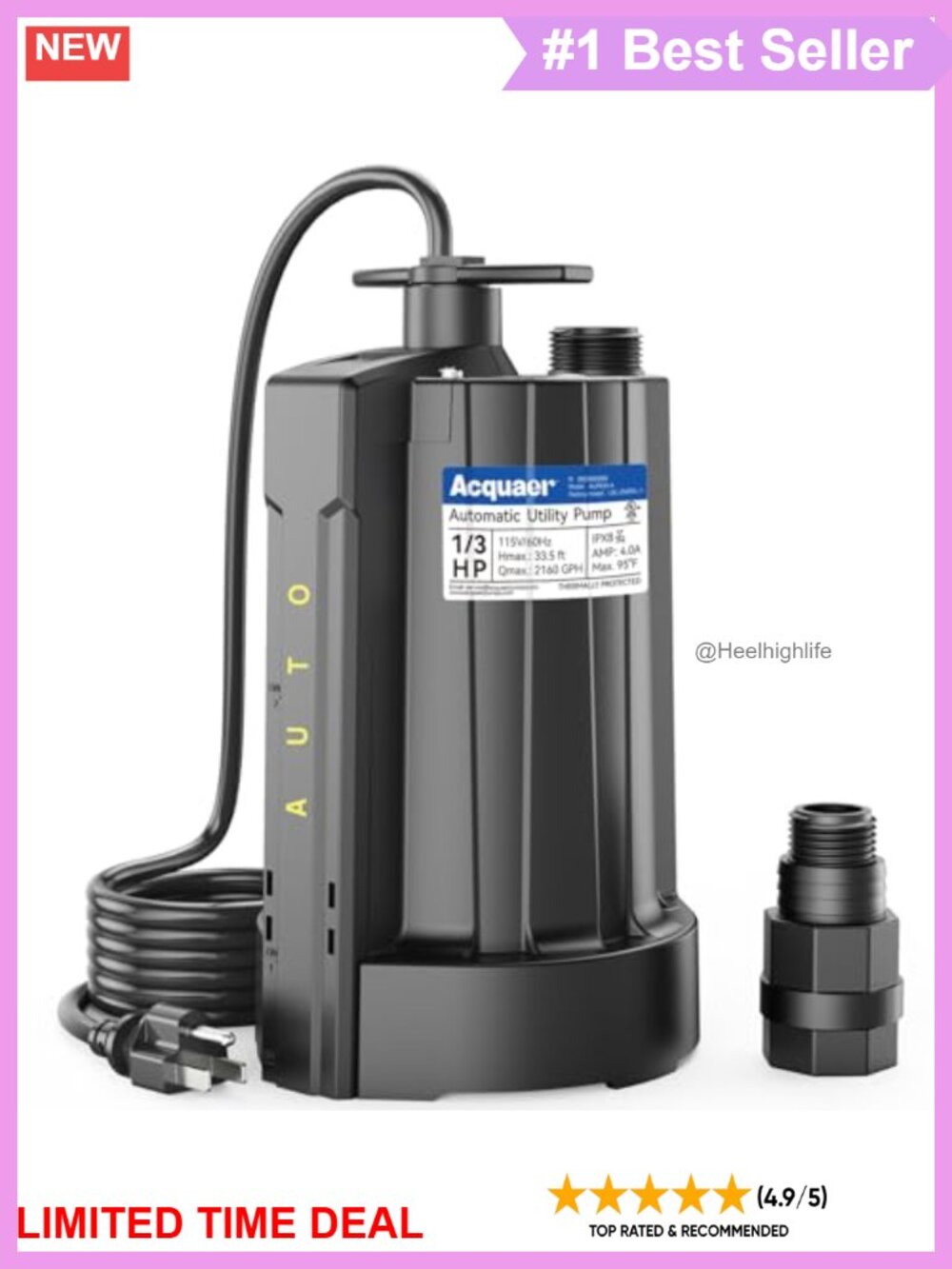 Acquaer 1/3 HP Automatic Submersible Water Pump 2160 GPH Sump Pump 115V